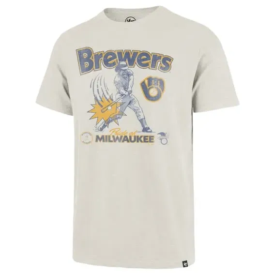 Milwaukee Brewers Cooperstown Sandstone T-Shirt With Vintage Swinging Batter Graphic, Brewers Script And Team Glove Logo.