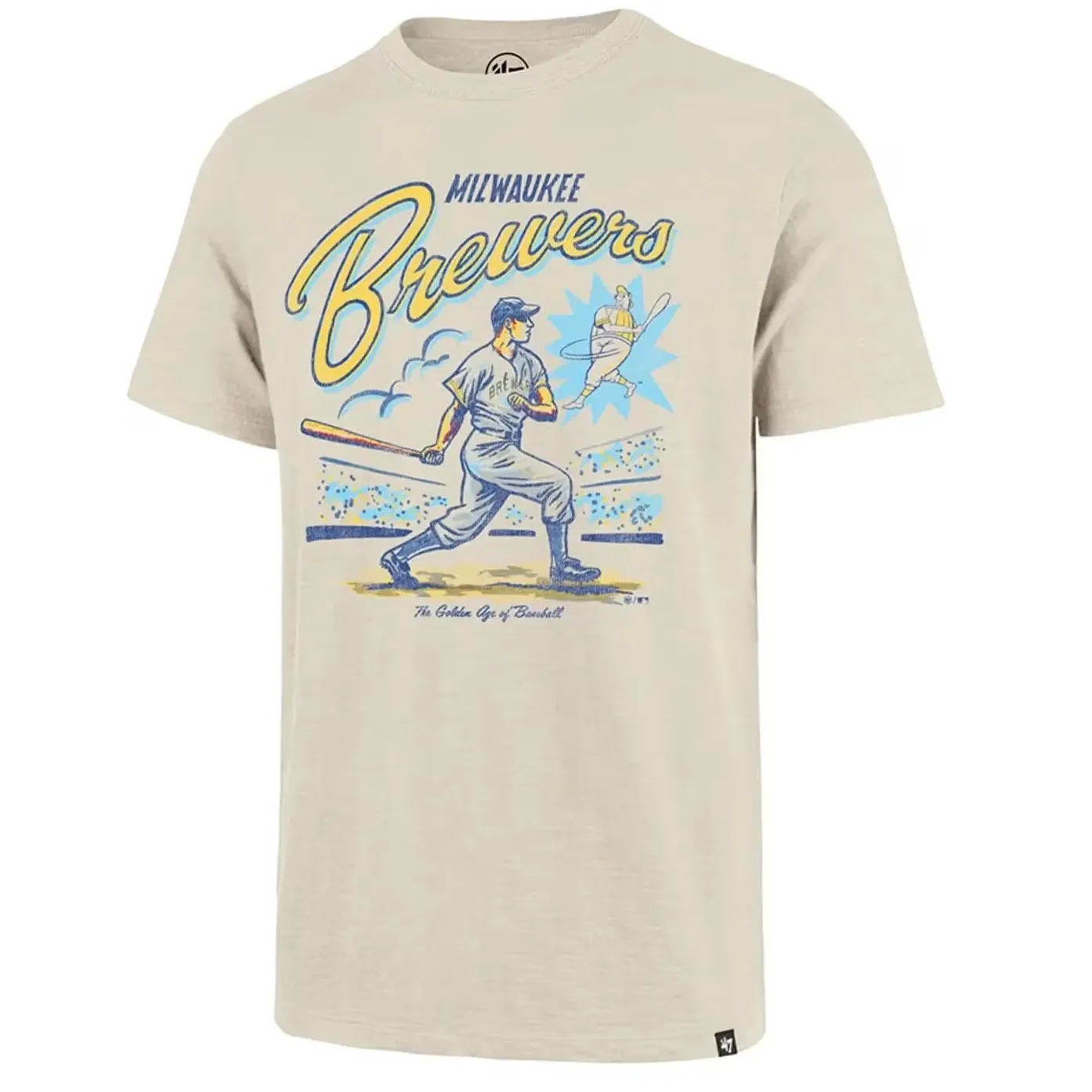 Dune color Milwaukee Brewers Cooperstown T-shirt with vintage baseball batter graphic and retro Brewers script across chest.