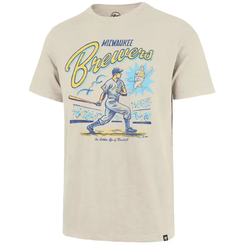 Dune color Milwaukee Brewers Cooperstown T-shirt with vintage baseball batter graphic and retro Brewers script across chest.