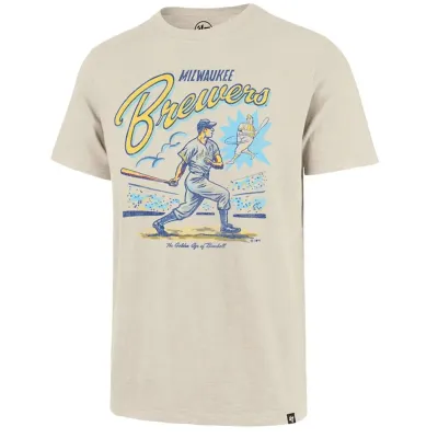 Dune color Milwaukee Brewers Cooperstown T-shirt with vintage baseball batter graphic and retro Brewers script across chest.
