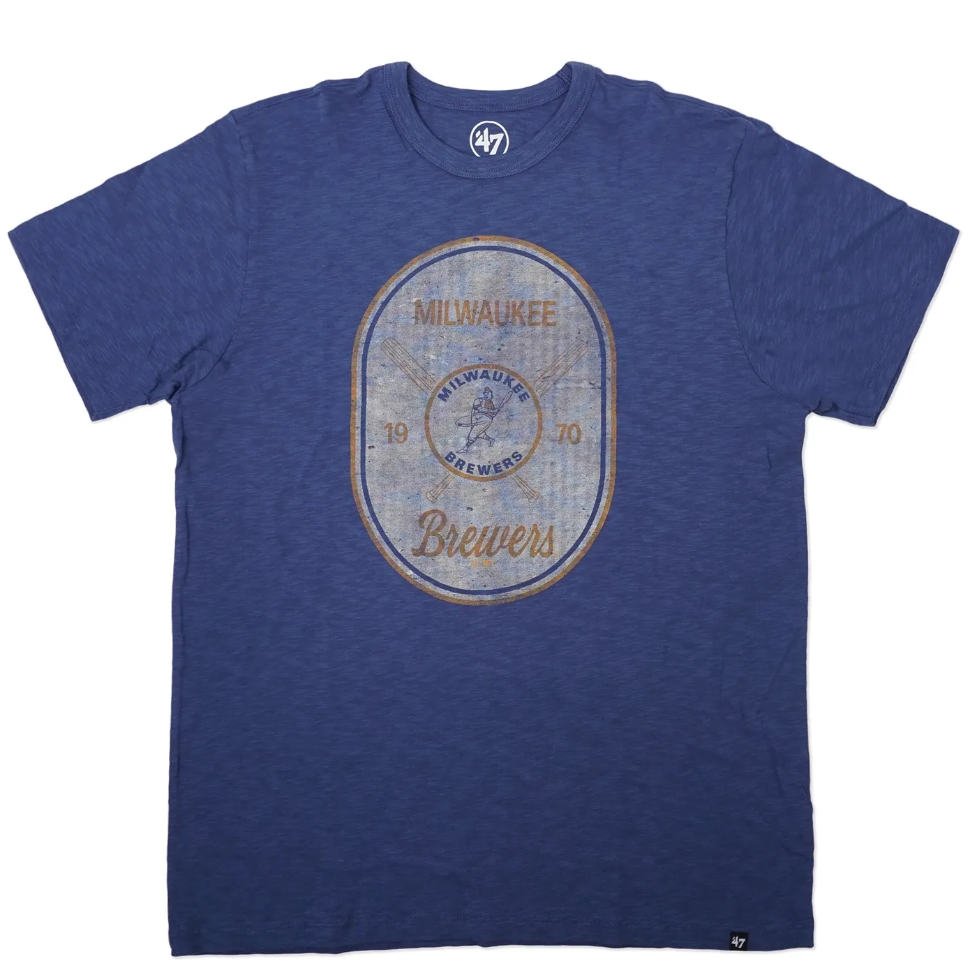Front view of Milwaukee Brewers blue tee with distressed vintage cross patch graphic.
