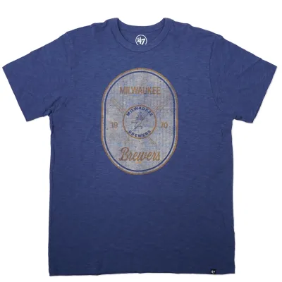 Front view of Milwaukee Brewers blue tee with distressed vintage cross patch graphic.