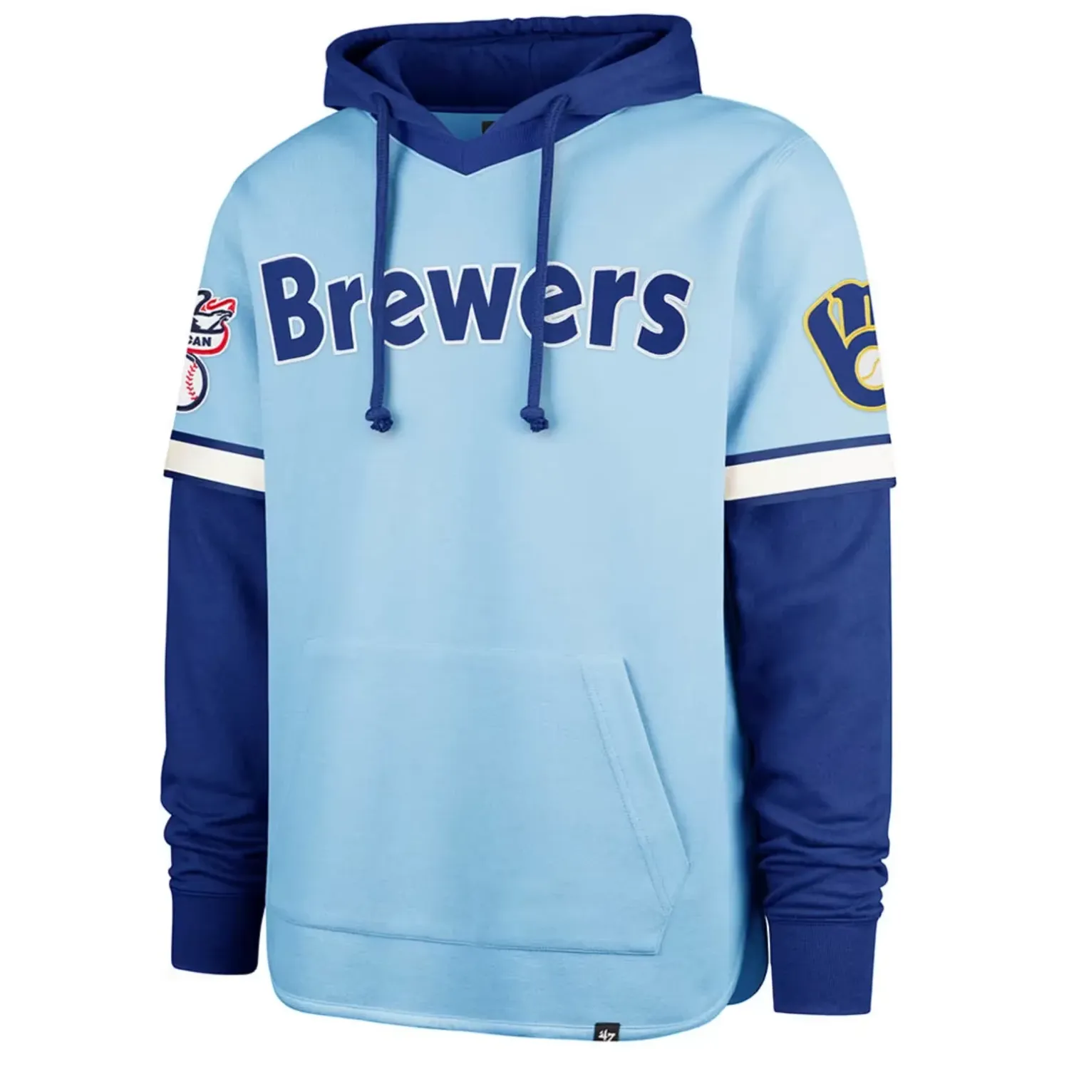 Light blue Milwaukee Brewers hoodie with navy sleeves, Brewers script across chest, drawstring hood, and front pouch pocket