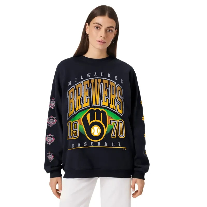 Navy Milwaukee Brewers oversized crewneck sweatshirt with large Brewers 1970 baseball graphic and sleeve patches.