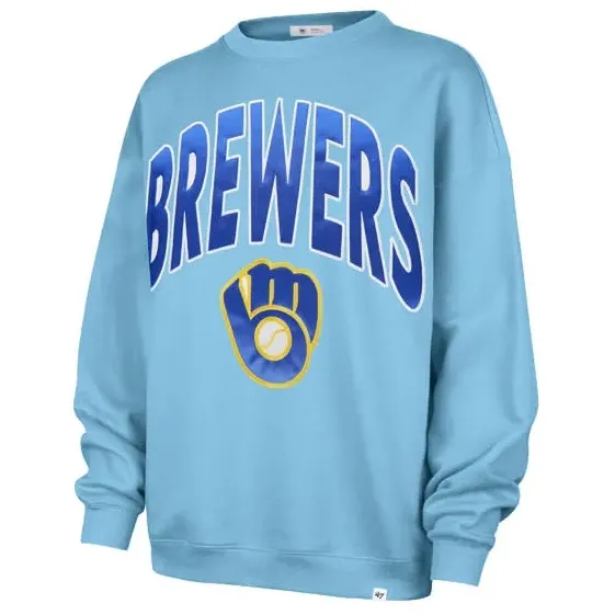 Light blue Milwaukee Brewers women's crewneck sweatshirt with large Brewers wordmark and classic glove logo on chest.