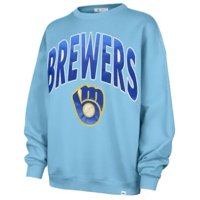 Light blue Milwaukee Brewers women's crewneck sweatshirt with large Brewers wordmark and classic glove logo on chest.