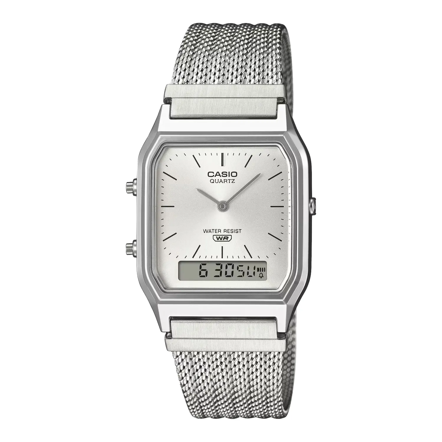 Front view of Casio AQ230EM-7A Vintage silver watch with mesh stainless steel band and analog-digital display.