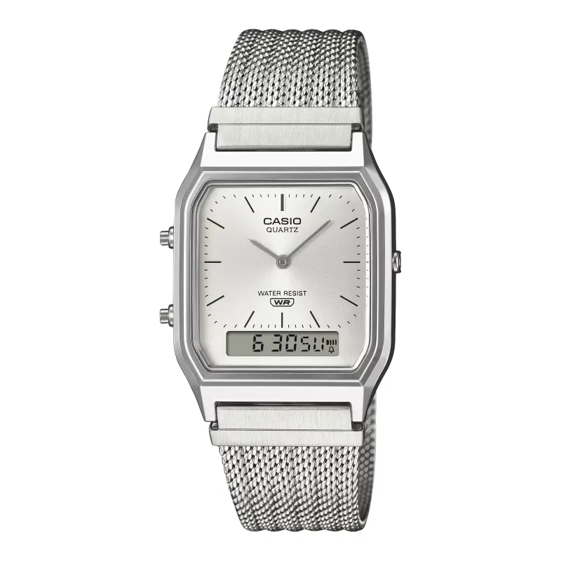 Front view of Casio AQ230EM-7A Vintage silver watch with mesh stainless steel band and analog-digital display.