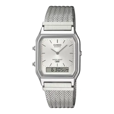 Front view of Casio AQ230EM-7A Vintage silver watch with mesh stainless steel band and analog-digital display.