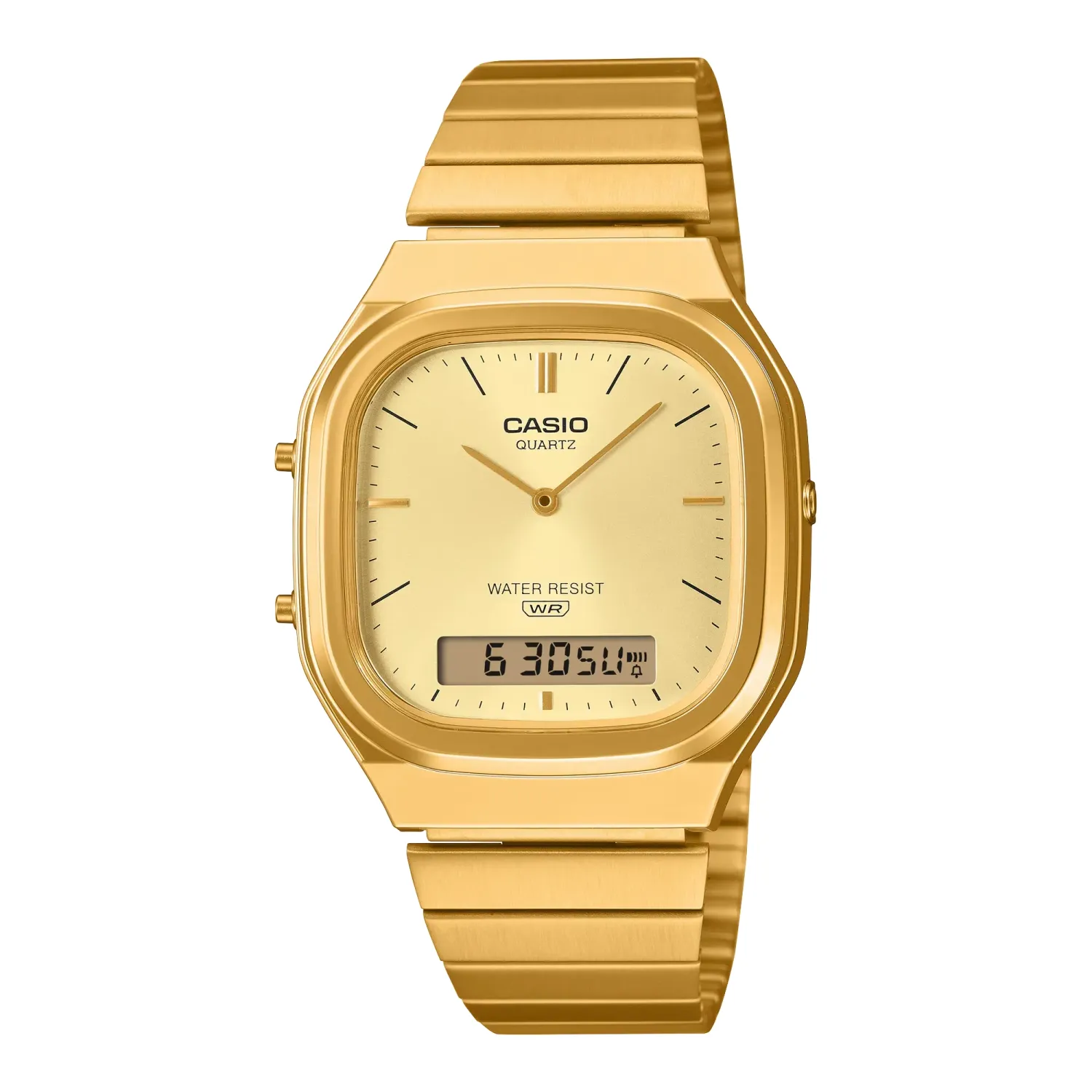 Front view of Casio AQ240EG-9A Vintage watch in full gold tone with analog-digital display.