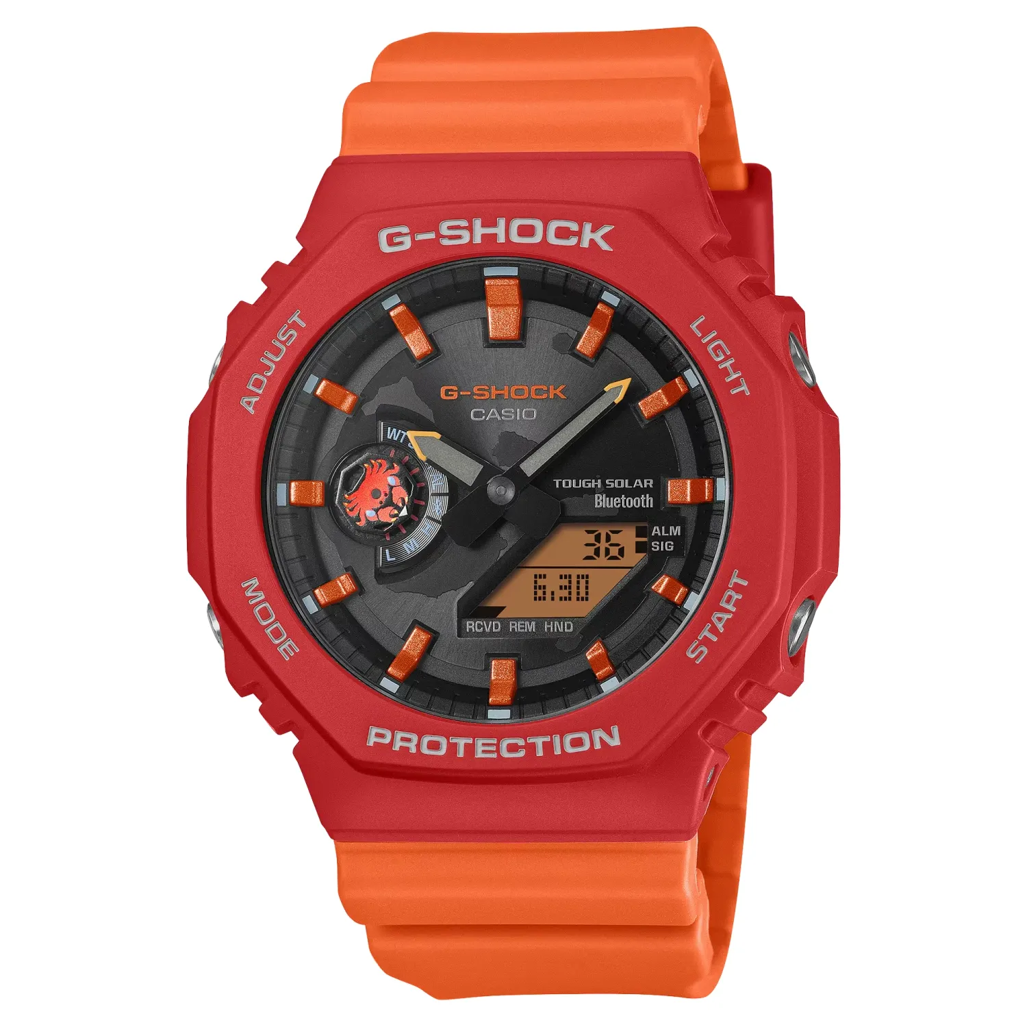 Front view of G-SHOCK GA-B2100DF-4A in red and orange with analog-digital display