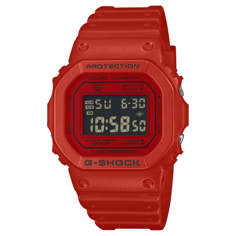 Front view of G-SHOCK DW5600RRB-4 in vivid red with inverted LCD display