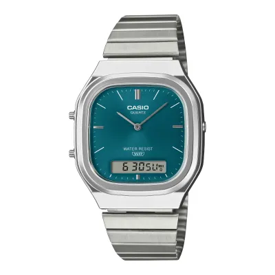 Front view of Casio AQ240E-3A Vintage watch with silver stainless steel band and teal sunray analog-digital dial.