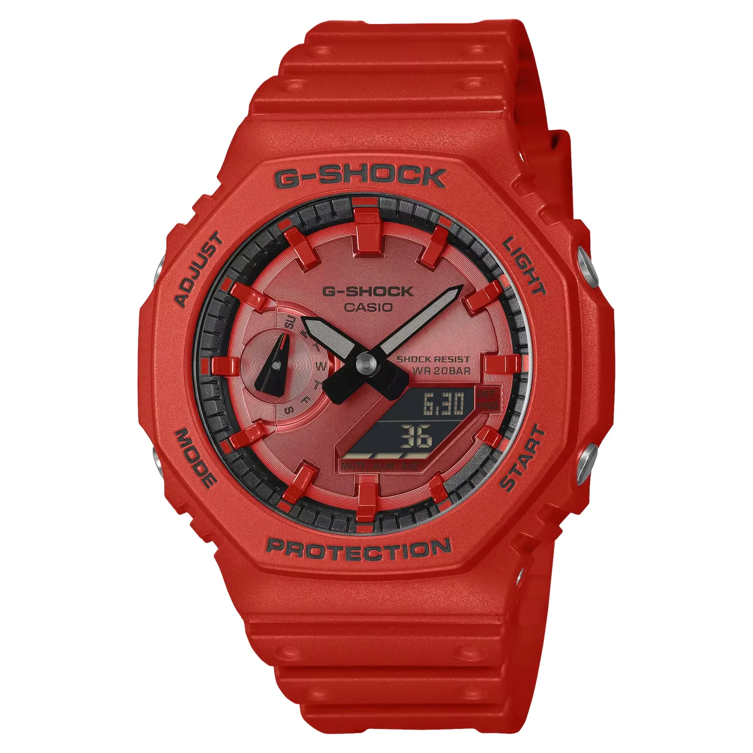 Front view of G-SHOCK GA2100RRB-4A in vivid red with octagonal bezel and analog-digital display