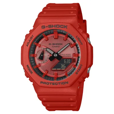 Front view of G-SHOCK GA2100RRB-4A in vivid red with octagonal bezel and analog-digital display