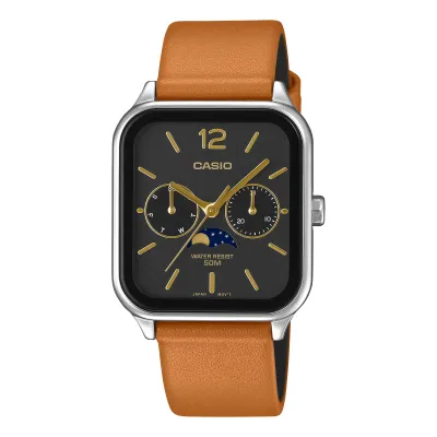 Front view of Casio MTPM305LC-1A watch with black dial, gold-tone details, and tan leather strap.