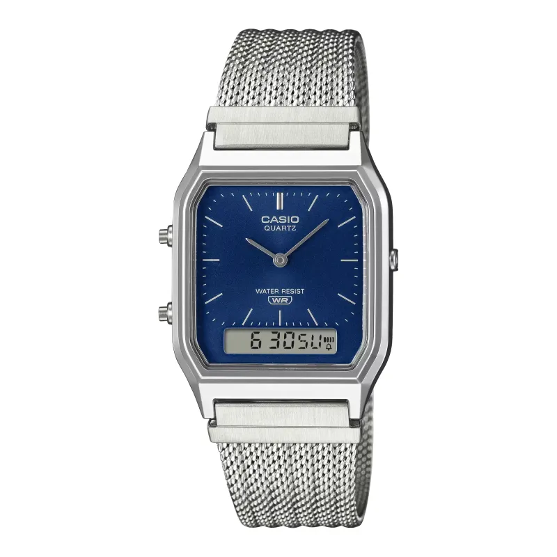 Front view of Casio AQ230EM-2A Vintage watch with silver mesh band and navy analog-digital dial.