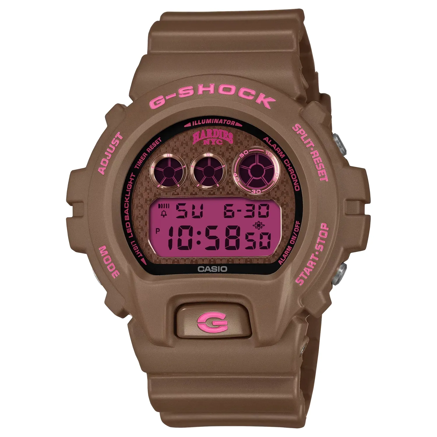 Brown G-SHOCK DW6900HH-5 Hardies NYC watch with pink digital display and triple graph detail.