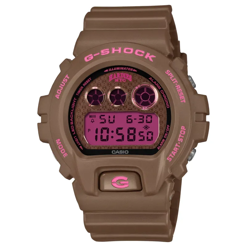 Brown G-SHOCK DW6900HH-5 Hardies NYC watch with pink digital display and triple graph detail.