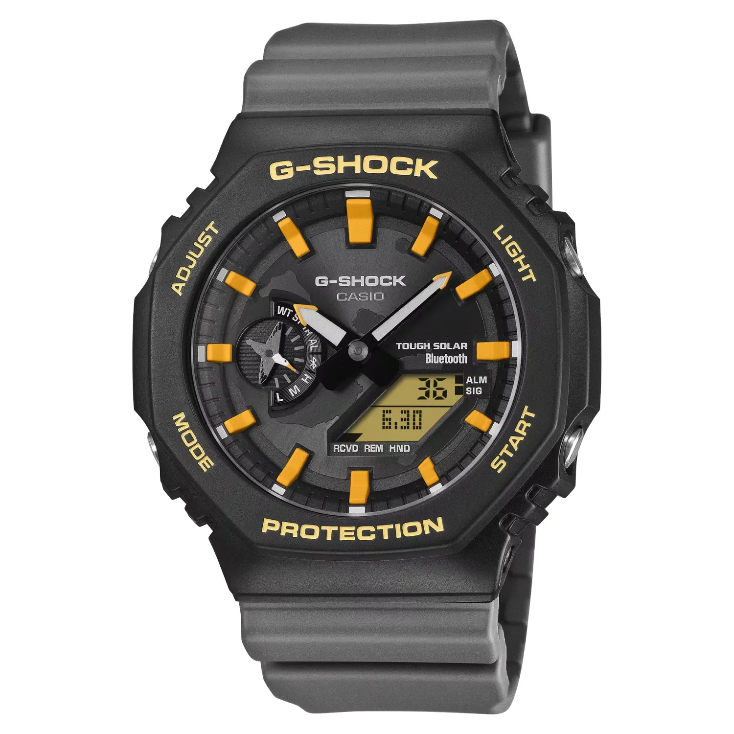 Front view of G-SHOCK GA-B2100DF-1A in black with yellow-orange accents
