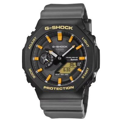 Front view of G-SHOCK GA-B2100DF-1A in black with yellow-orange accents