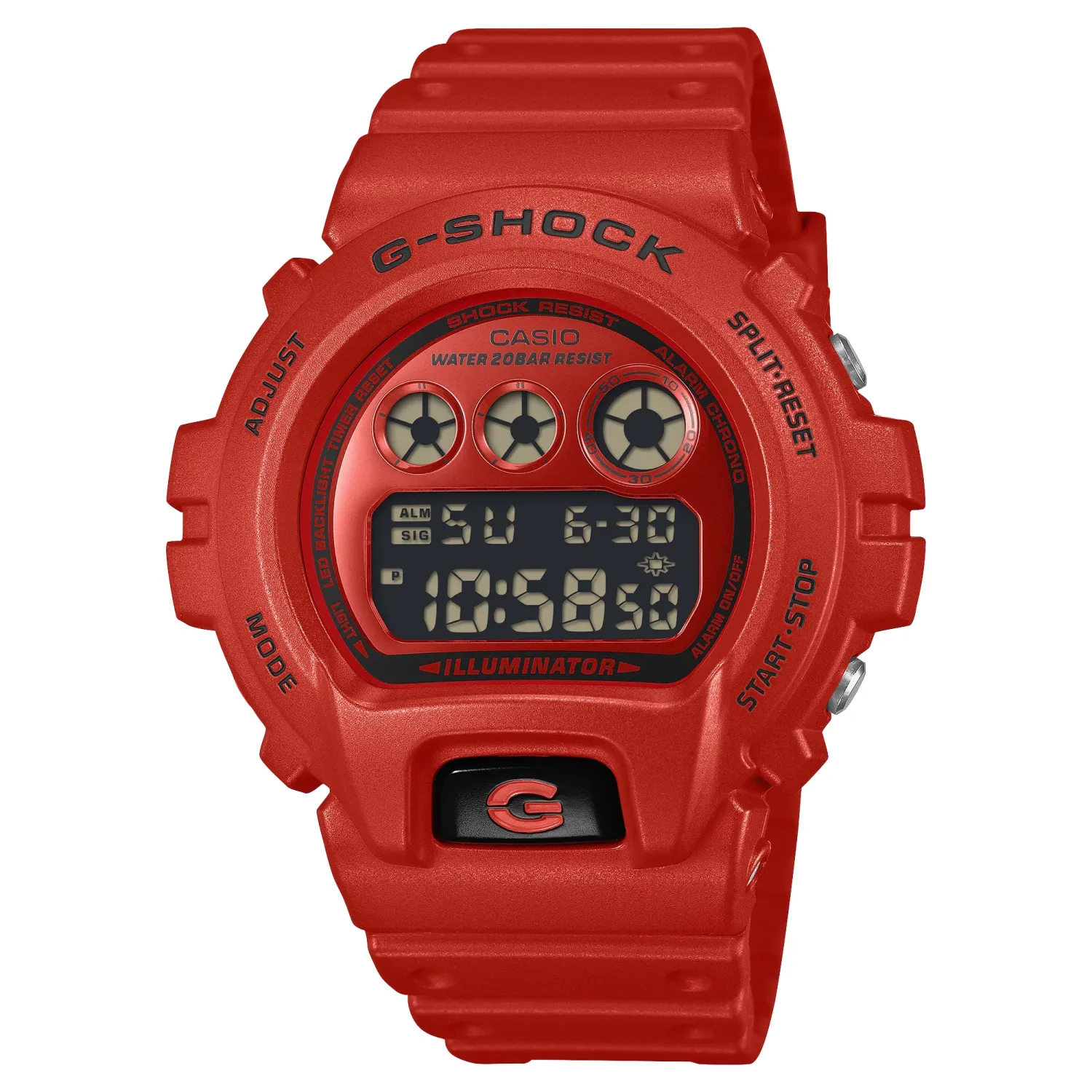 Front view of G-SHOCK DW6900RRB-4 in vivid red with triple-graph display