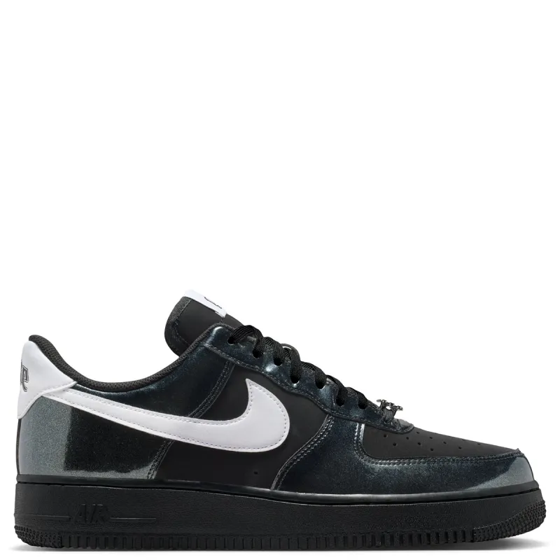 Medial side profile of black and white AF1 with glossy finish