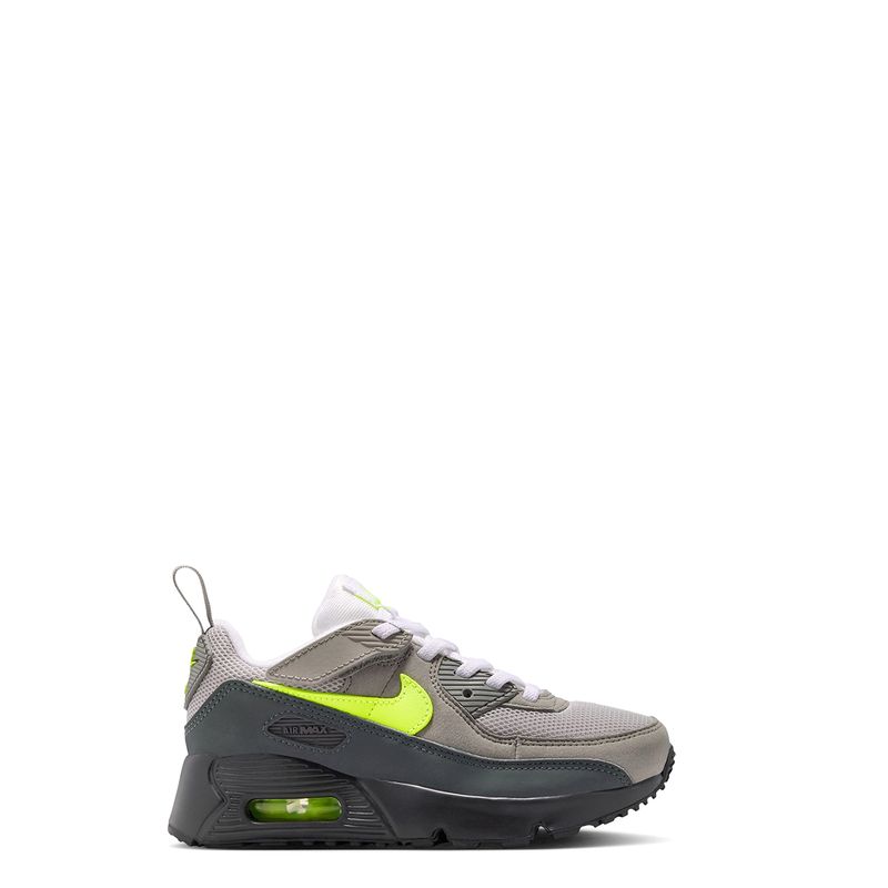 Full lateral view of kids Nike Air Max in grey, black, and neon green.