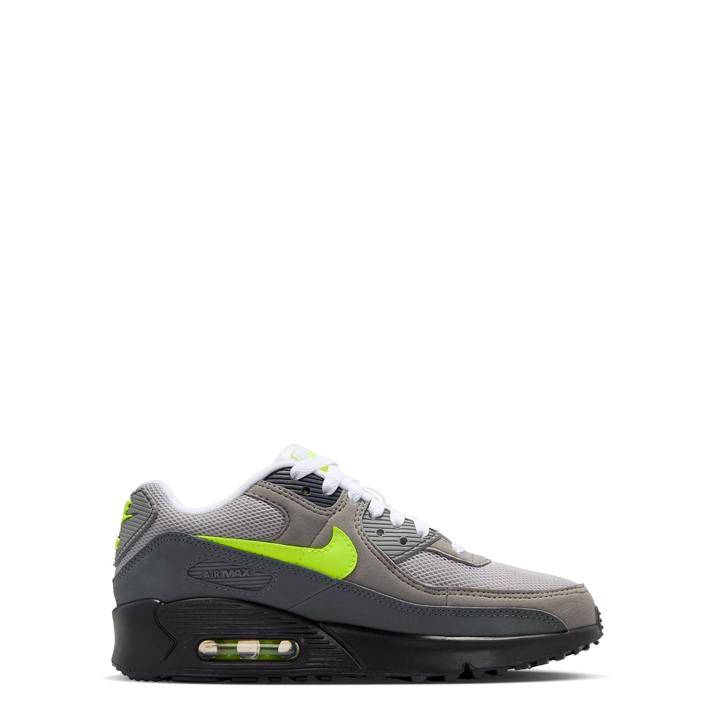 Full lateral view of Nike Air Max sneaker in grey, black, and neon green.