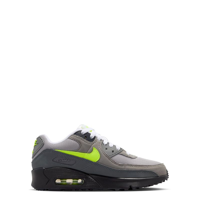 Full lateral view of Nike Air Max sneaker in grey, black, and neon green.
