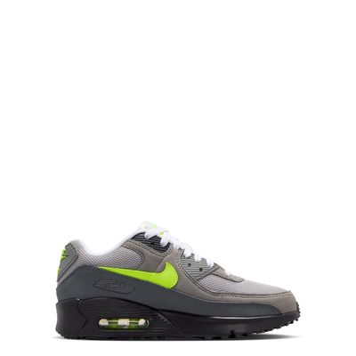 Full lateral view of Nike Air Max sneaker in grey, black, and neon green.