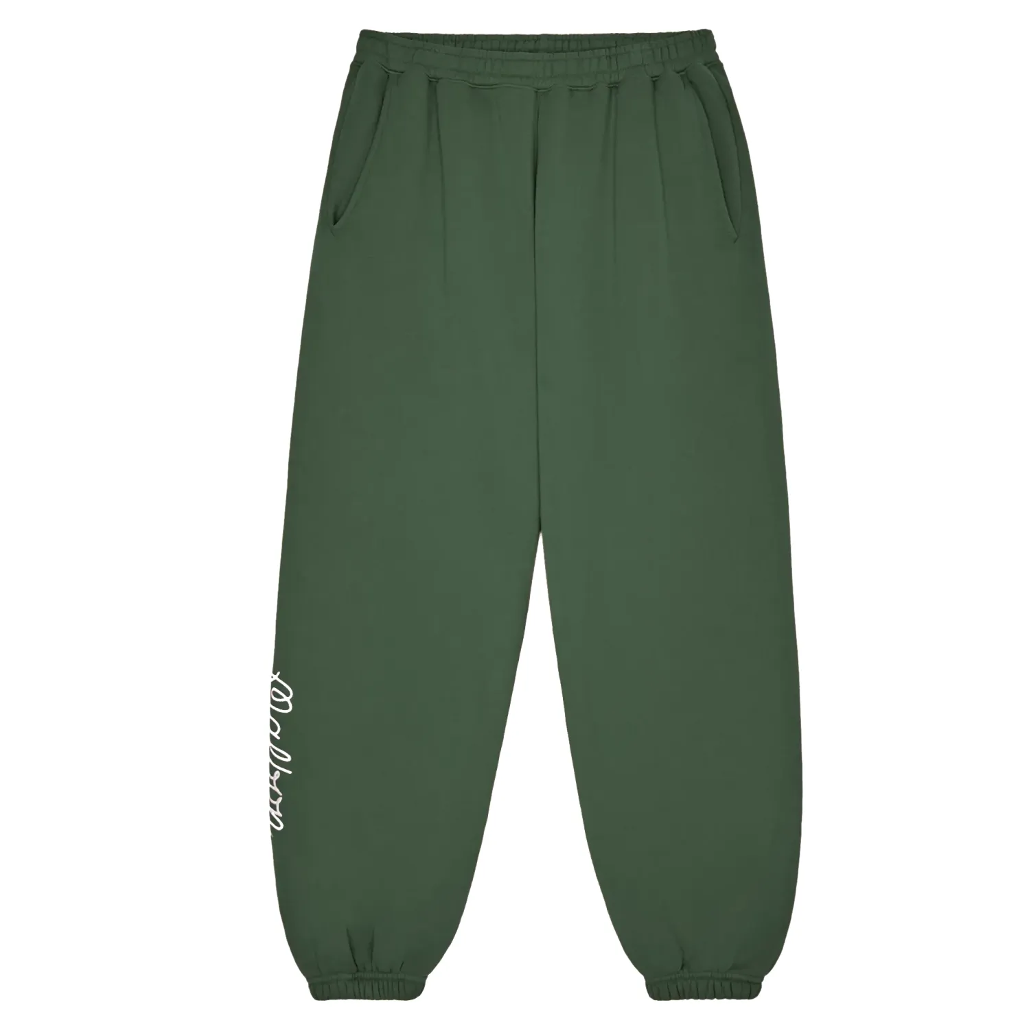 Malbon Clubhouse Sweatpants in Olivine laid flat, front view with script logo on leg