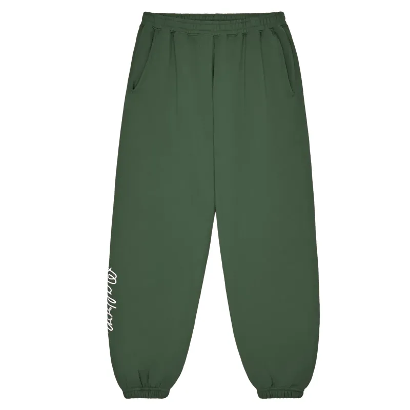 Malbon Clubhouse Sweatpants in Olivine laid flat, front view with script logo on leg