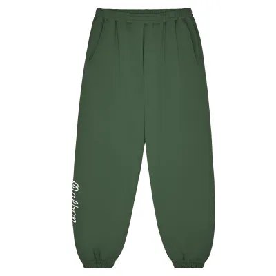 Malbon Clubhouse Sweatpants in Olivine laid flat, front view with script logo on leg