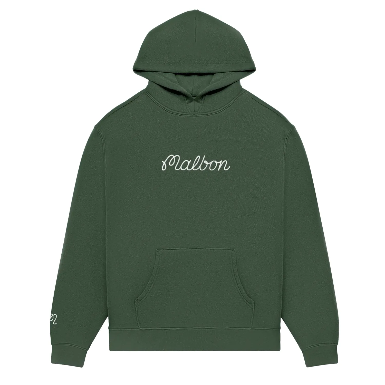 Malbon Fesque Hoodie in Olivine laid flat showing embroidered script logo on chest