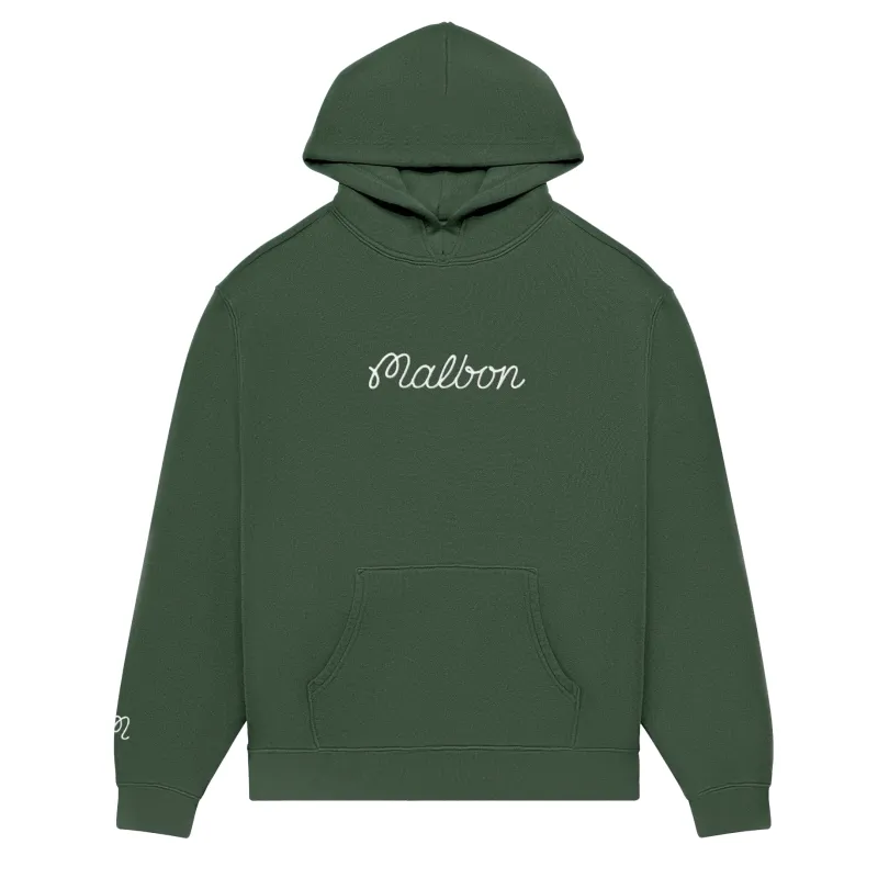 Malbon Fesque Hoodie in Olivine laid flat showing embroidered script logo on chest