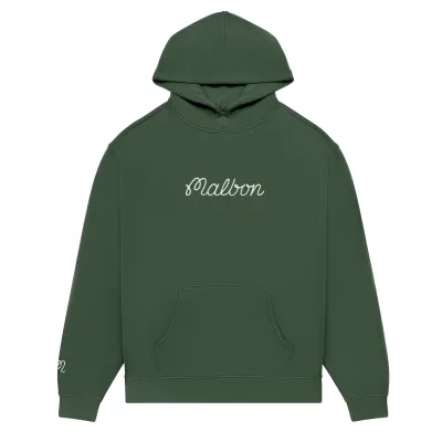 Malbon Fesque Hoodie in Olivine laid flat showing embroidered script logo on chest