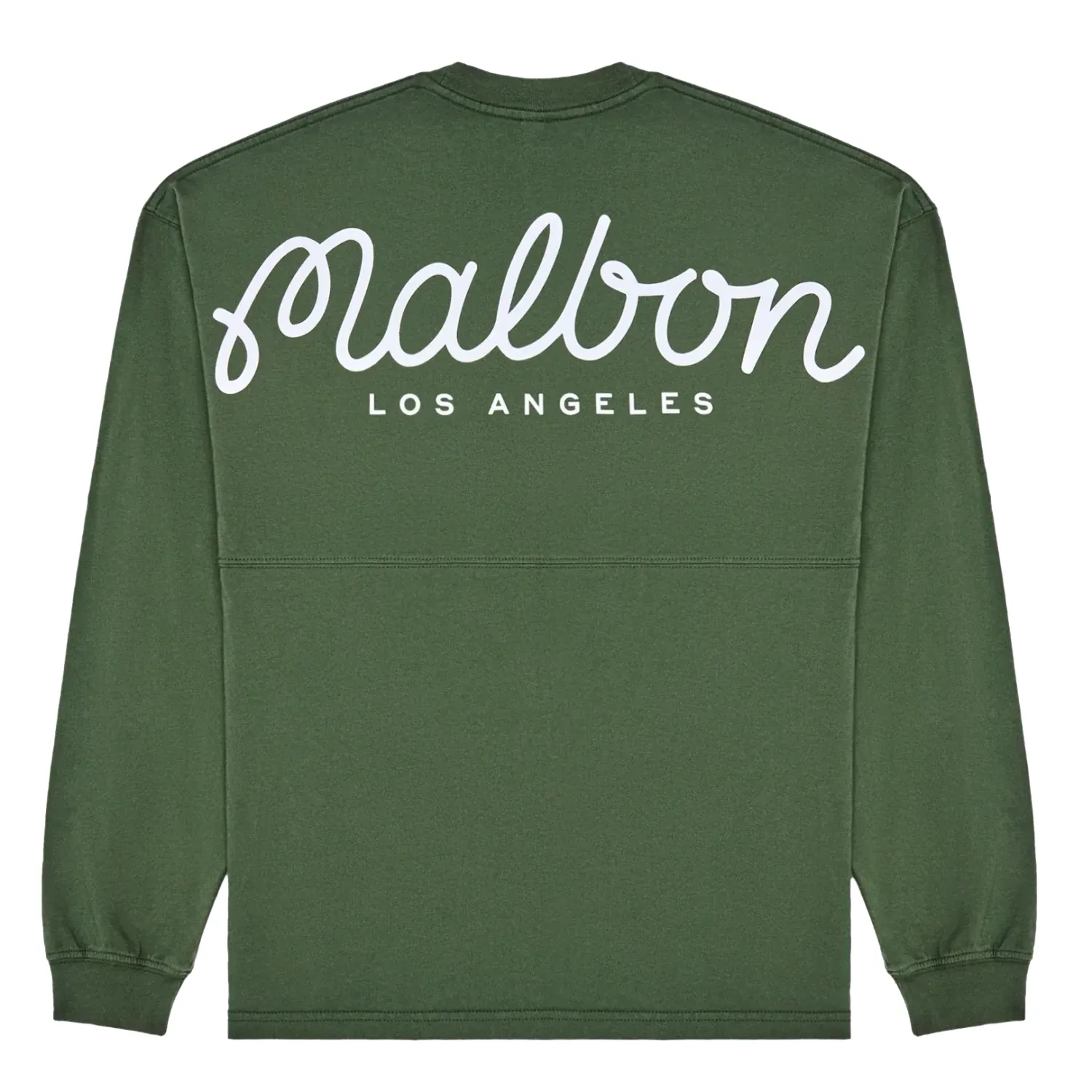 Back view of Malbon Golf Horizon Long Sleeve Tee in Olivine with large Malbon Los Angeles script logo