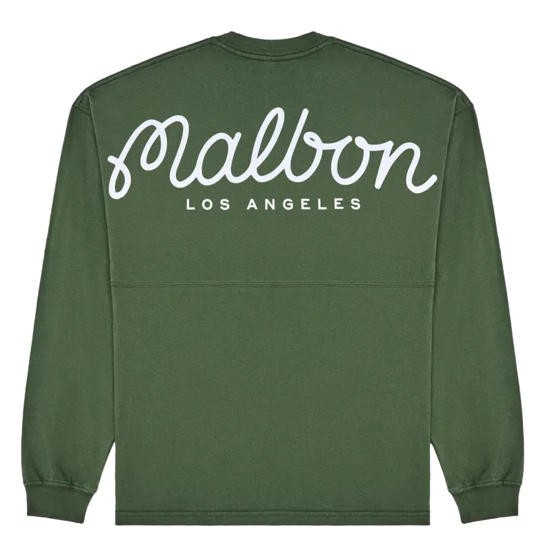 Back view of Malbon Golf Horizon Long Sleeve Tee in Olivine with large Malbon Los Angeles script logo