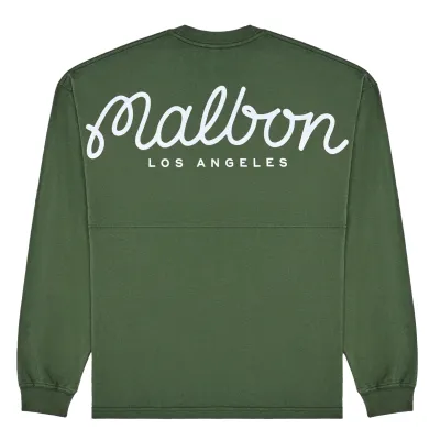 Back view of Malbon Golf Horizon Long Sleeve Tee in Olivine with large Malbon Los Angeles script logo
