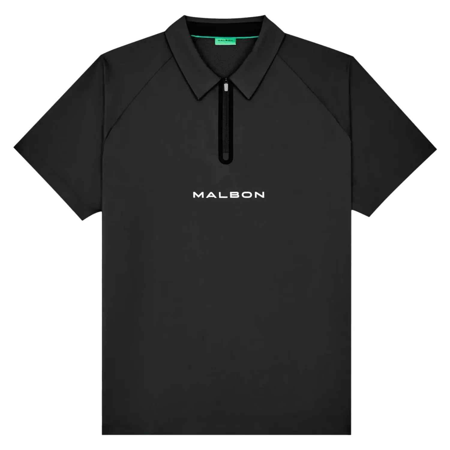 Performance Zip Raglan Polo in Black laid flat showing zip collar and front logo
