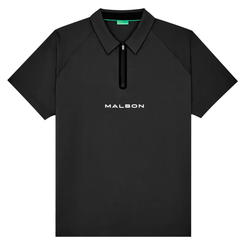 Performance Zip Raglan Polo in Black laid flat showing zip collar and front logo