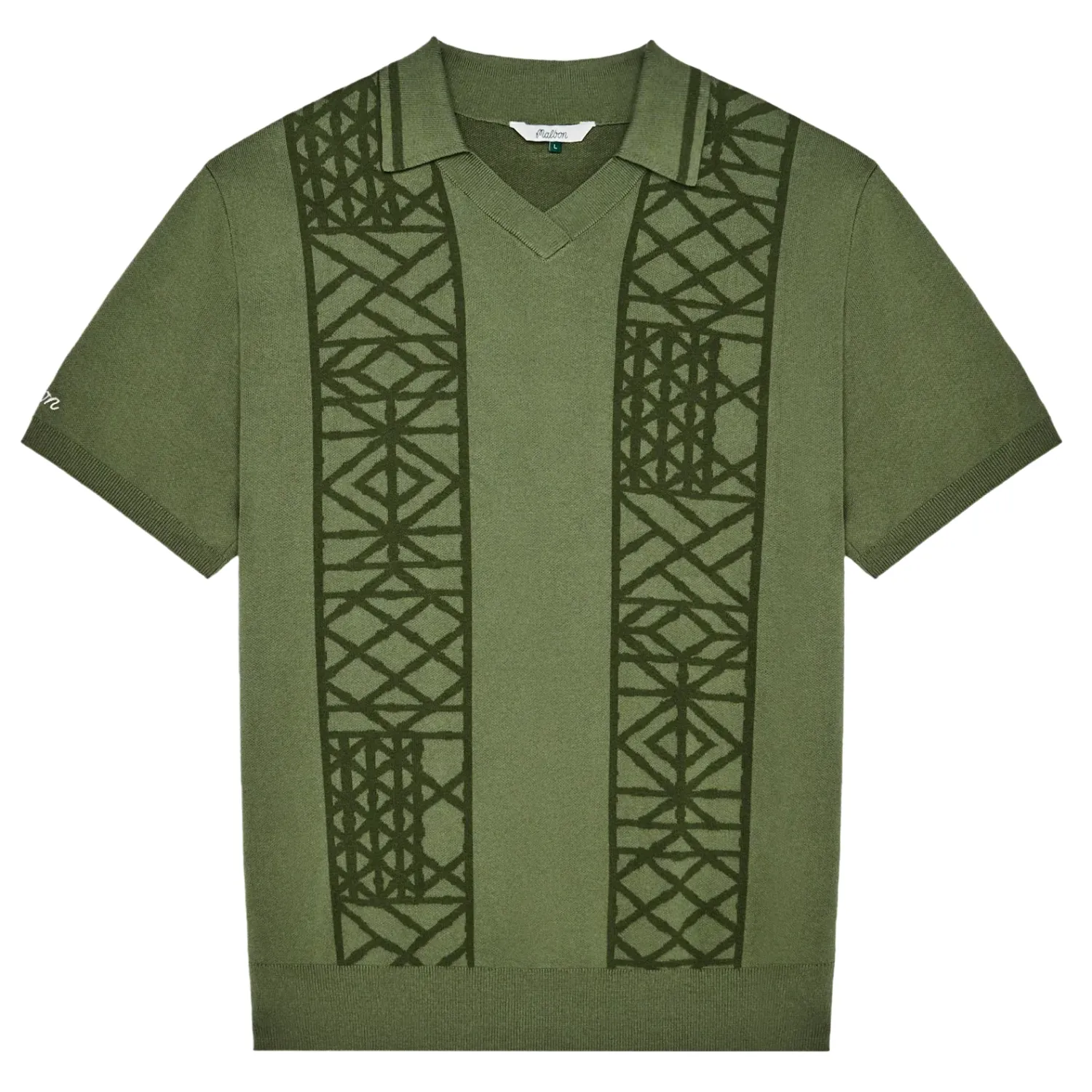 Flat lay of Malbon Habana Polo in Olivine highlighting collar and sleeve embroidery