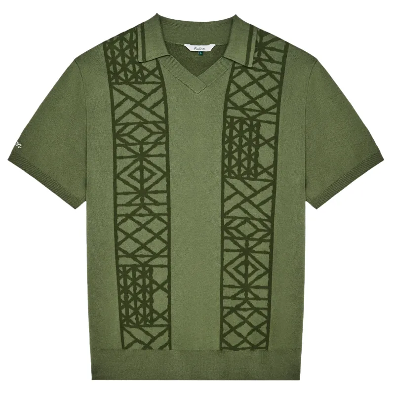 Flat lay of Malbon Habana Polo in Olivine highlighting collar and sleeve embroidery