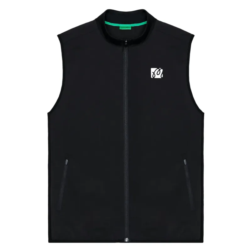 Performance Ribbed Panel Vest in Black laid flat showing full-zip front and chest logo