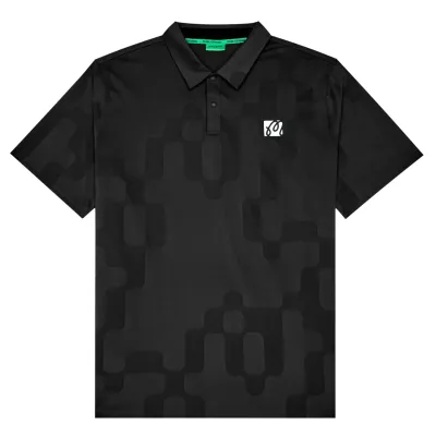 Performance Mesh Paneled Polo laid flat showing tonal jacquard pattern and chest logo