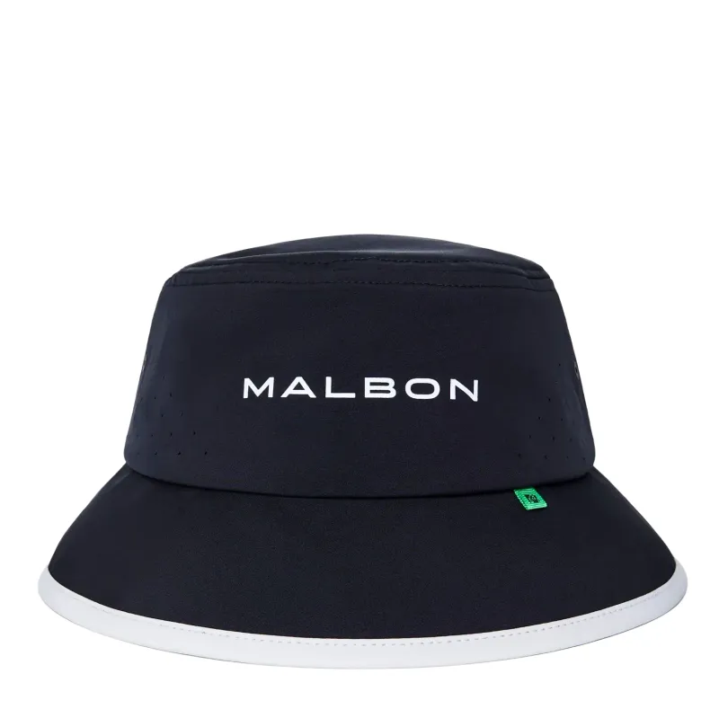 Front view of Malbon Golf Performance Tech Bucket Hat in Black with printed MALBON logo