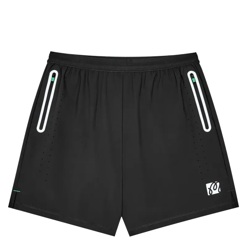 Front view of Malbon Golf Performance 2-In-1 Shorts in Black showing zipper pockets and perforated panels