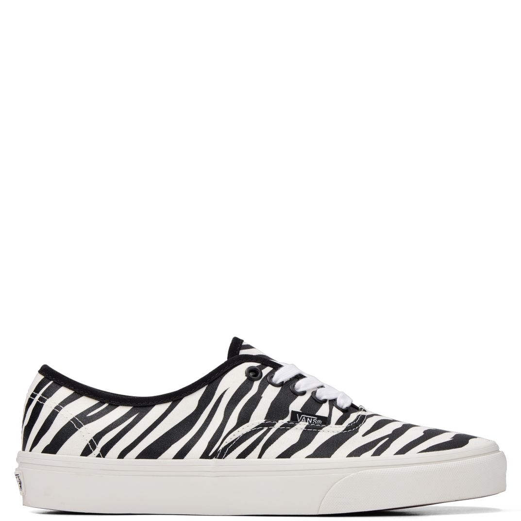 Side profile of Vans Authentic Animalier Zebra sneaker with black and white zebra print upper and white midsole