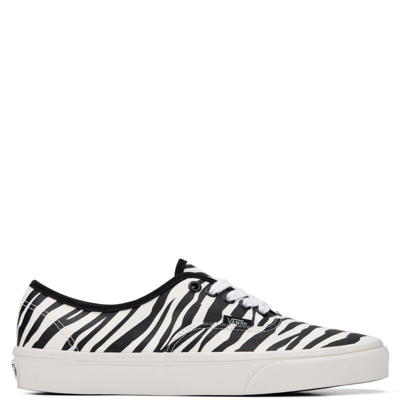 Side profile of Vans Authentic Animalier Zebra sneaker with black and white zebra print upper and white midsole